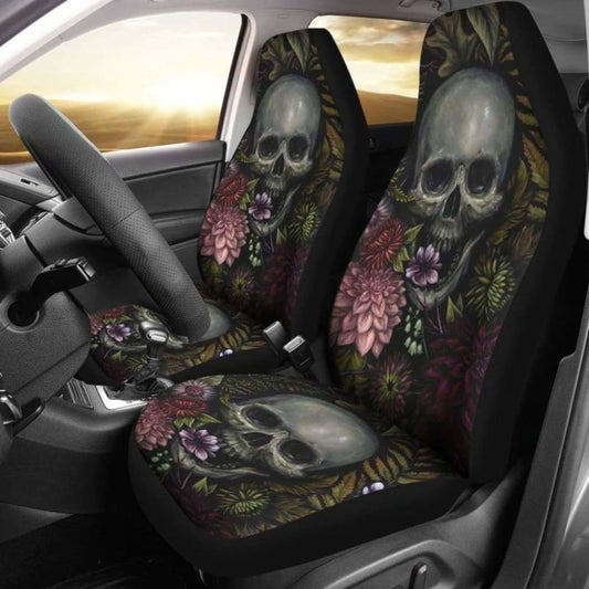 Set Of 2 Pcs - Skull Gothic Horror Flaming Fire Halloween Skull Car Seat Covers 101207