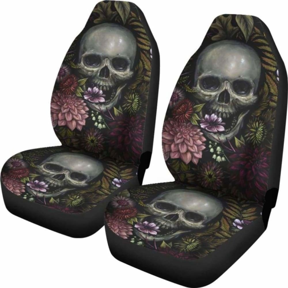 Set Of 2 Pcs - Skull Gothic Horror Flaming Fire Halloween Skull Car Seat Covers 101207