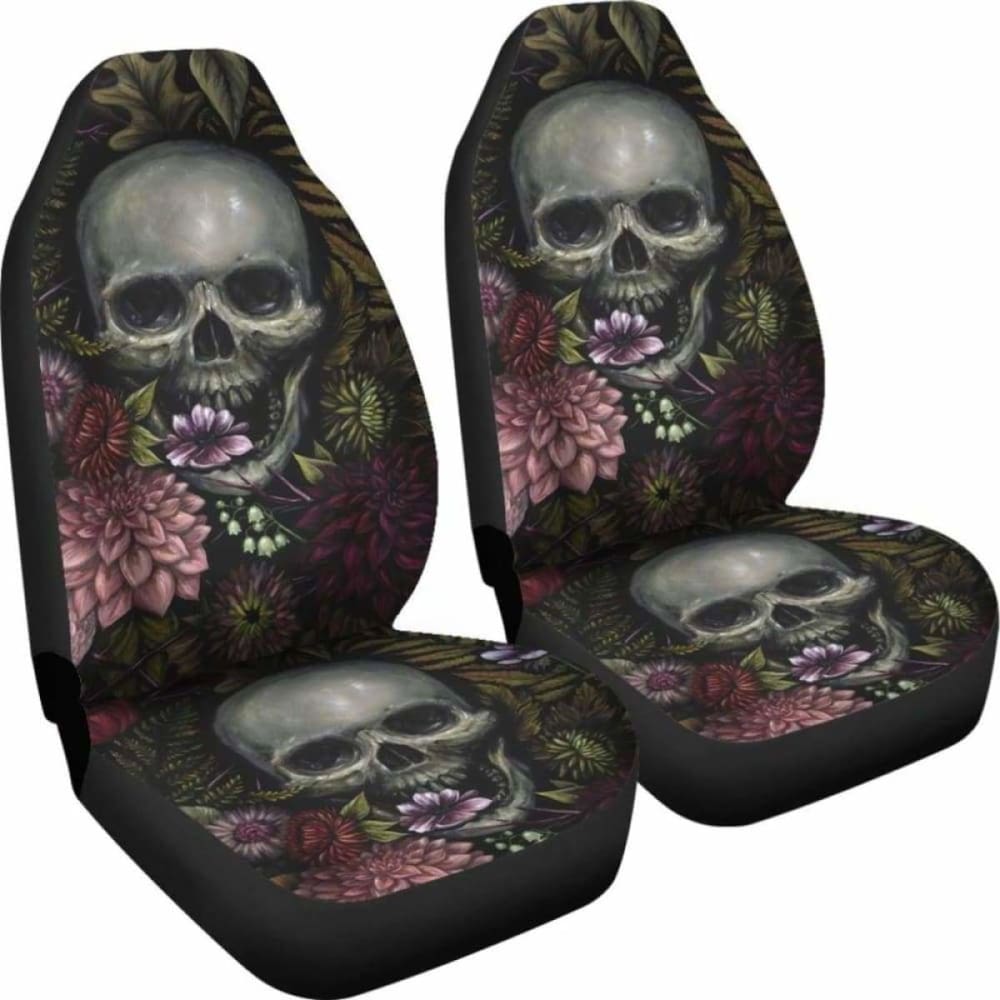 Set Of 2 Pcs - Skull Gothic Horror Flaming Fire Halloween Skull Car Seat Covers 101207