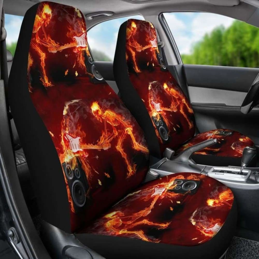 Set Of 2 Pcs - Skull Gothic Horror Flaming Fire Halloween Skull Car Seat Covers 172727