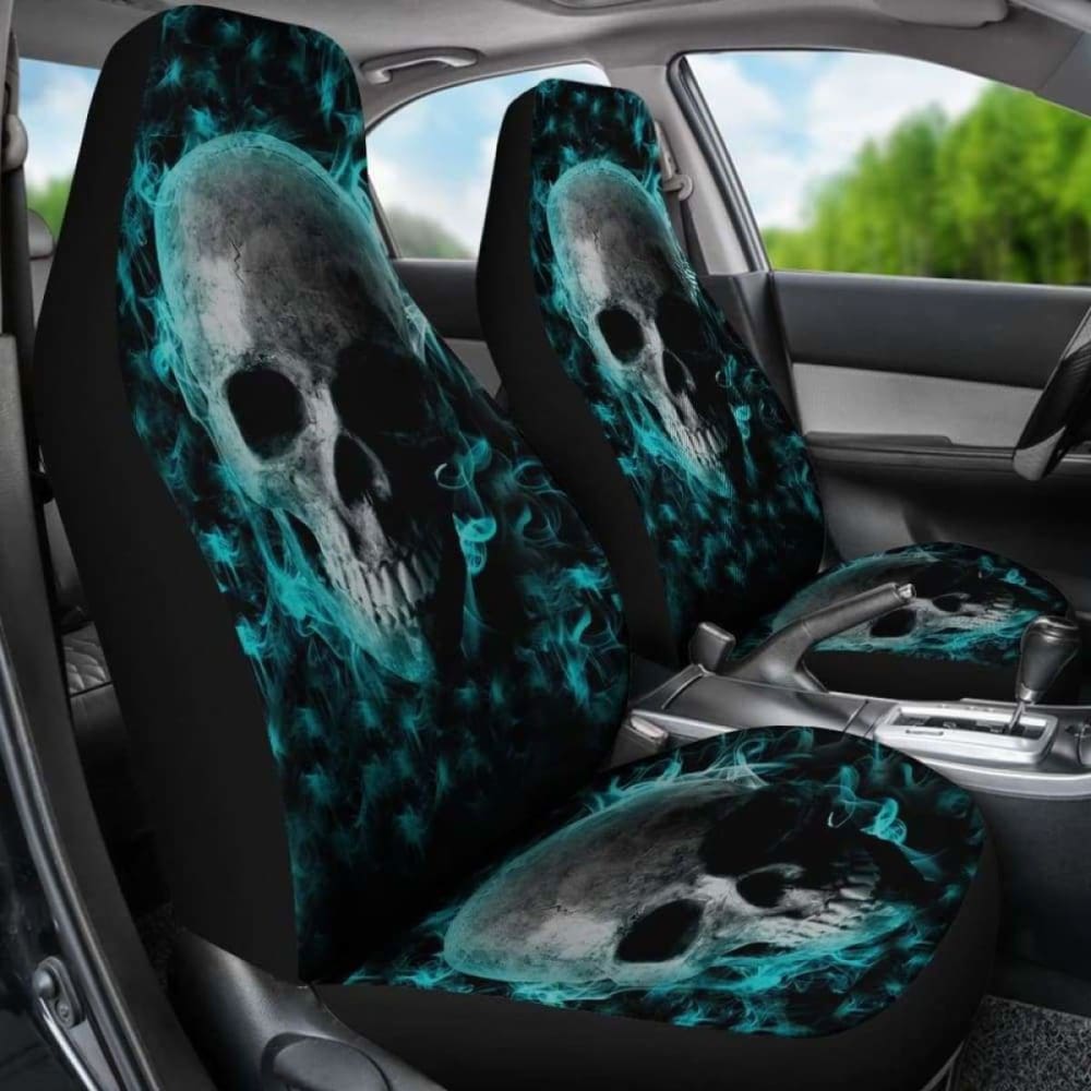 Set Of 2 Pcs - Skull Gothic Horror Flaming Fire Halloween Skull Car Seat Covers 172727