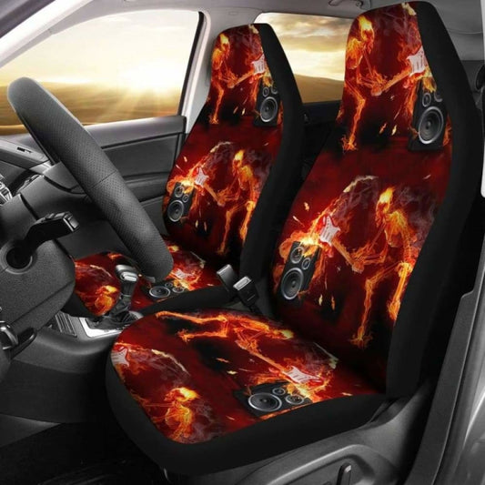 Set Of 2 Pcs - Skull Gothic Horror Flaming Fire Halloween Skull Car Seat Covers 172727