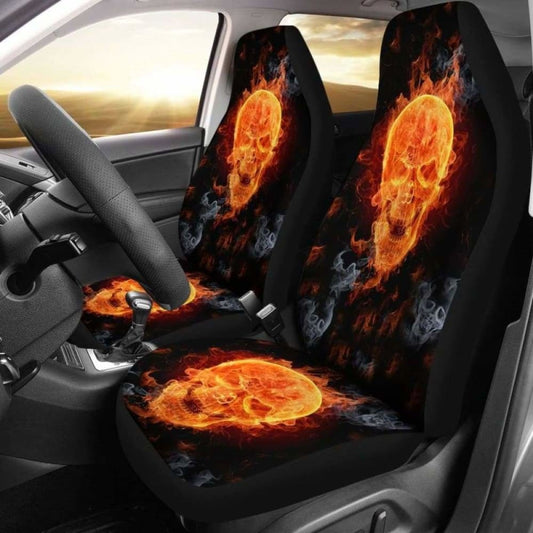 Set Of 2 Pcs - Skull Gothic Horror Flaming Fire Halloween Skull Car Seat Covers 172727