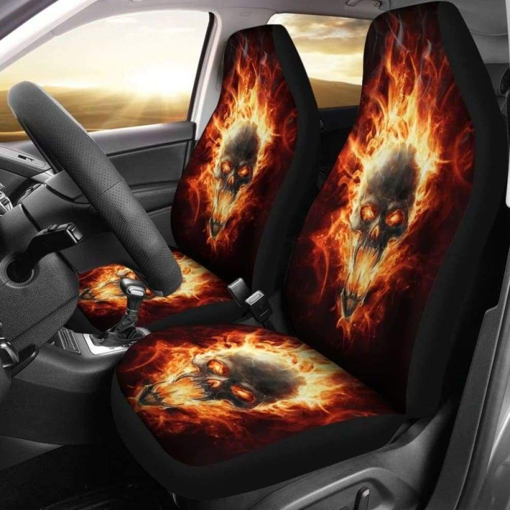 Set Of 2 Pcs - Skull Gothic Horror Flaming Fire Halloween Skull Car Seat Covers 172727
