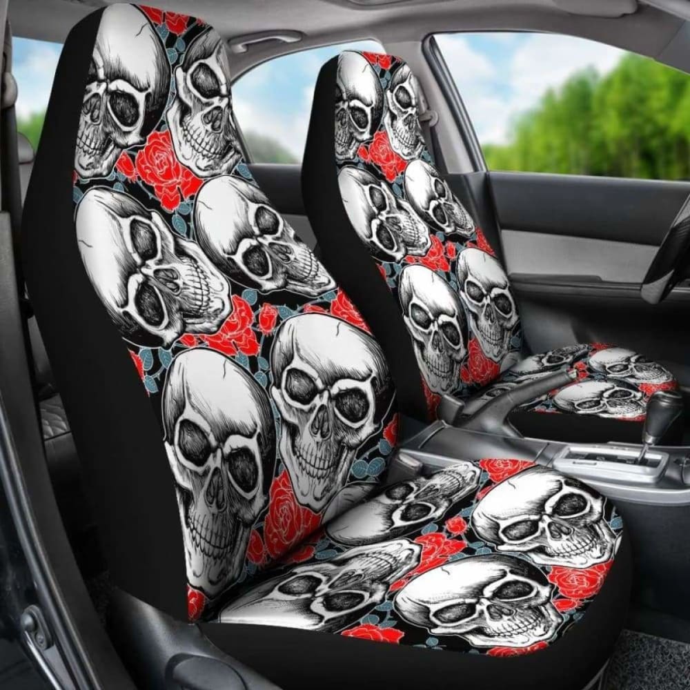 Set Of 2 Pcs - Skull Gothic Horror Flaming Fire Halloween Skull Car Seat Covers 172727