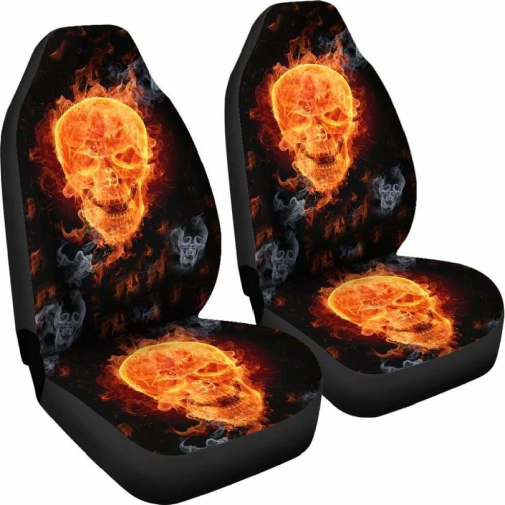Set Of 2 Pcs - Skull Gothic Horror Flaming Fire Halloween Skull Car Seat Covers 172727