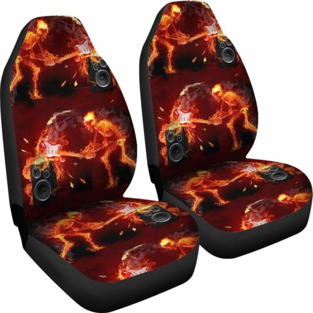 Set Of 2 Pcs - Skull Gothic Horror Flaming Fire Halloween Skull Car Seat Covers 172727