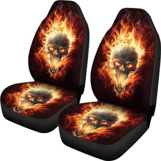 Set Of 2 Pcs - Skull Gothic Horror Flaming Fire Halloween Skull Car Seat Covers 172727