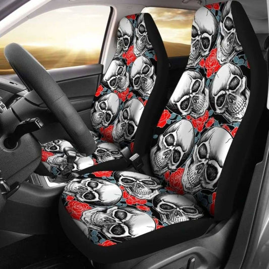 Set Of 2 Pcs - Skull Gothic Horror Flaming Fire Halloween Skull Car Seat Covers 172727