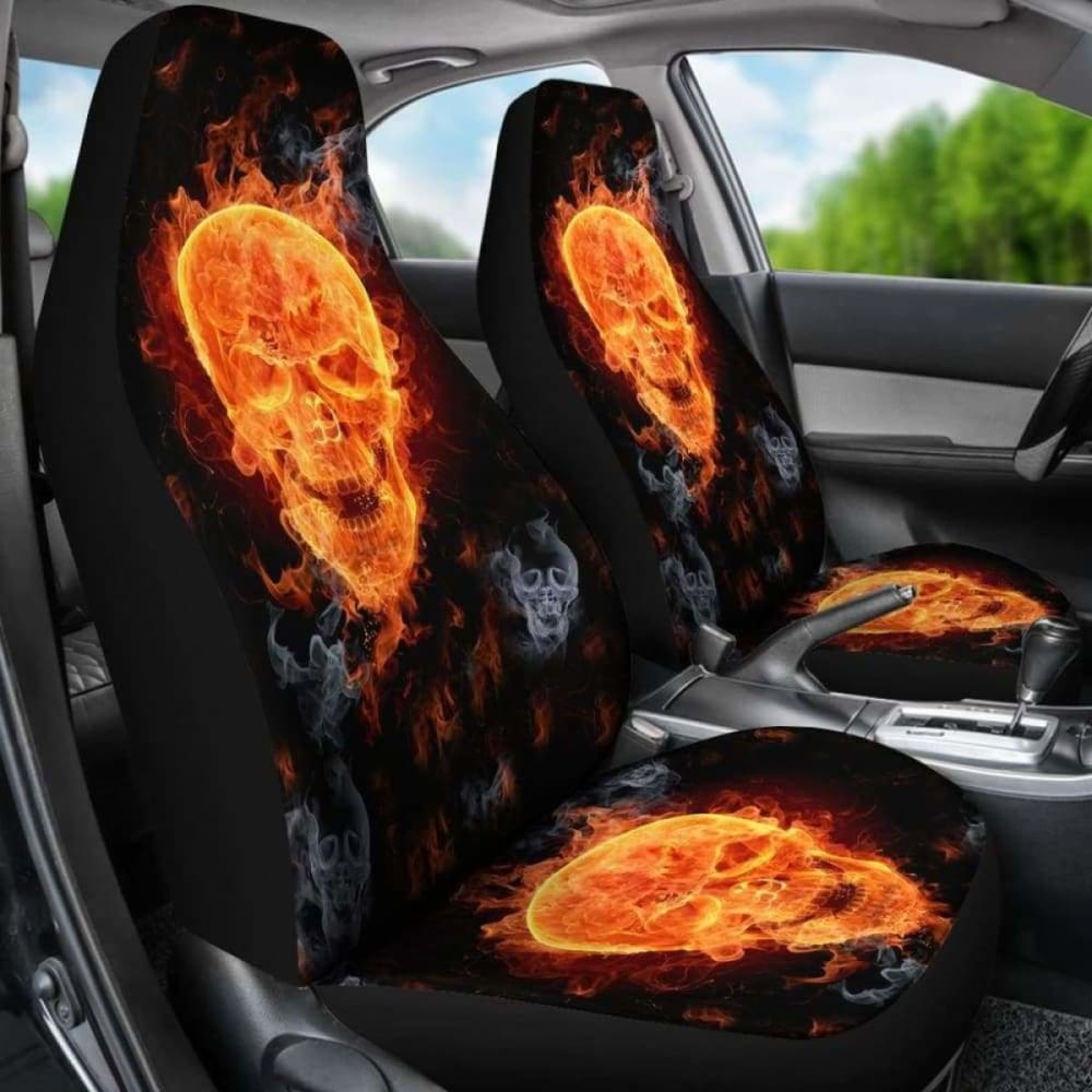 Set Of 2 Pcs - Skull Gothic Horror Flaming Fire Halloween Skull Car Seat Covers 172727