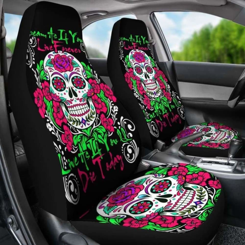Set Of 2 Pcs - Sugar Skull - Day Of The Dead Car Seat Cover 101207