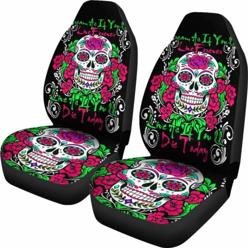 Set Of 2 Pcs - Sugar Skull - Day Of The Dead Car Seat Cover 101207