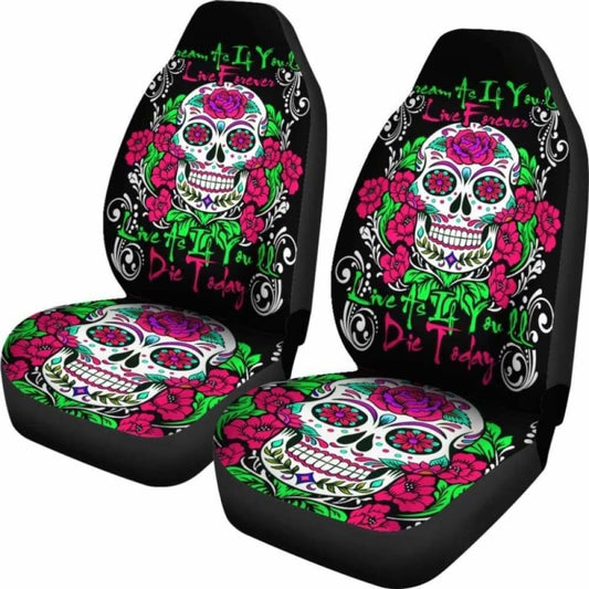 Set Of 2 Pcs - Sugar Skull - Day Of The Dead Car Seat Cover 101207