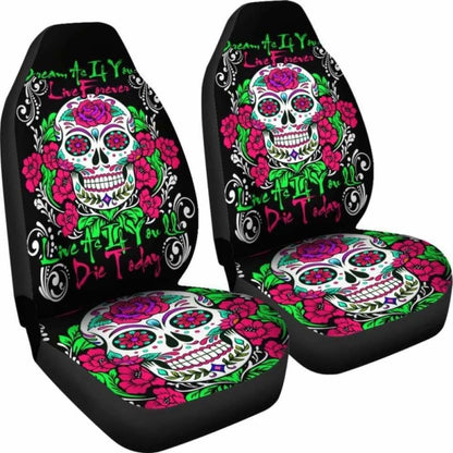 Set Of 2 Pcs - Sugar Skull - Day Of The Dead Car Seat Cover 101207