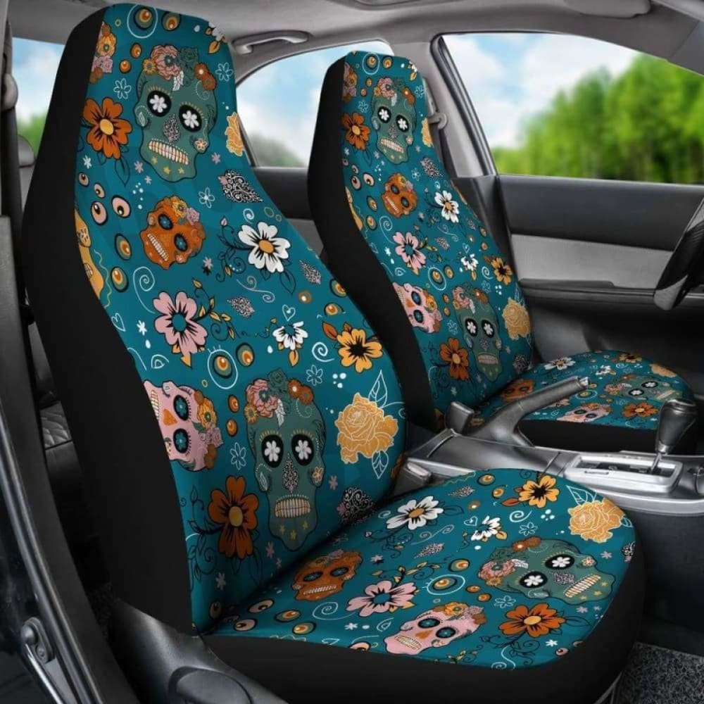Set Of 2 Pcs Sugar Skull Day Of The Dead Car Seat Covers 101207