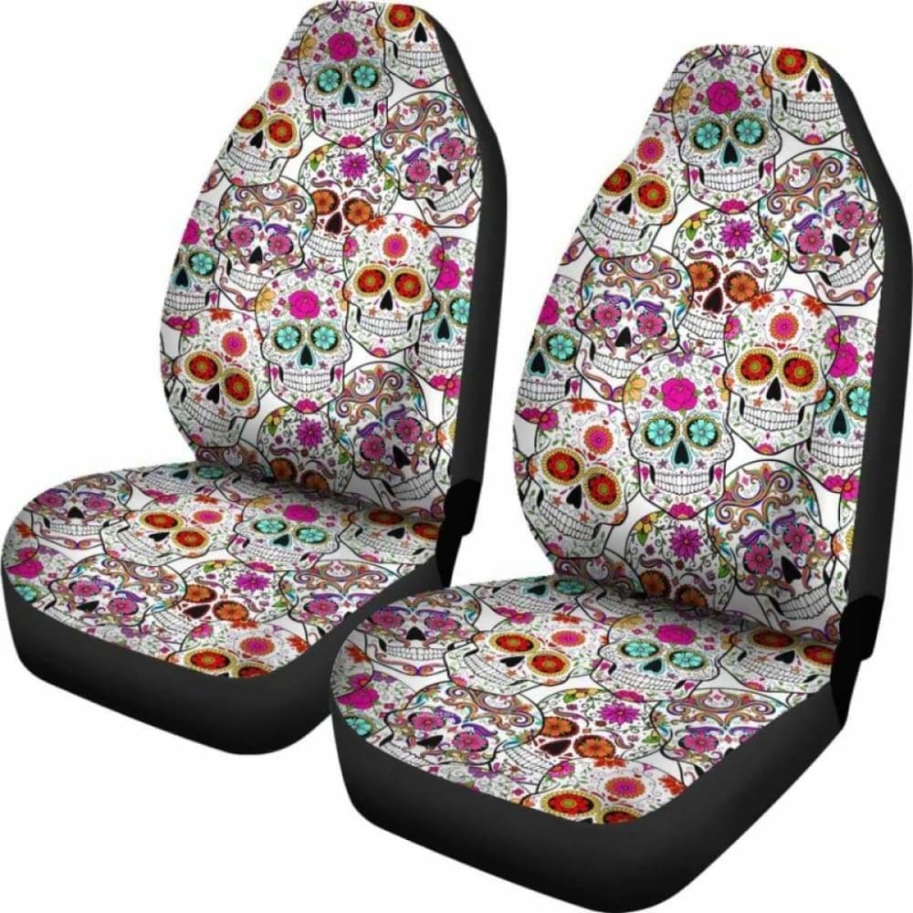 Set Of 2 Pcs - Sugar Skull Day Of The Dead Car Seat Covers 101207