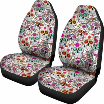 Set Of 2 Pcs - Sugar Skull Day Of The Dead Car Seat Covers 101207