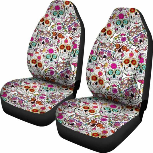 Set Of 2 Pcs - Sugar Skull Day Of The Dead Car Seat Covers 101207
