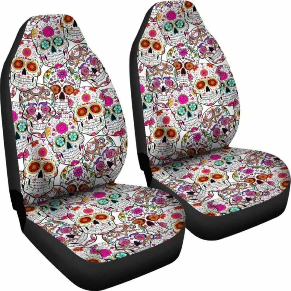 Set Of 2 Pcs - Sugar Skull Day Of The Dead Car Seat Covers 101207