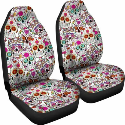 Set Of 2 Pcs - Sugar Skull Day Of The Dead Car Seat Covers 101207