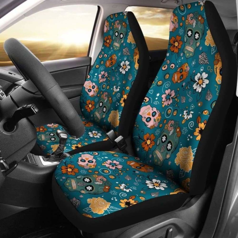 Set Of 2 Pcs Sugar Skull Day Of The Dead Car Seat Covers 101207