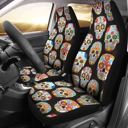 Set Of 2 Pcs Sugar Skull Day Of The Dead Car Seat Covers 101207
