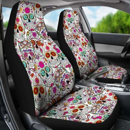 Set Of 2 Pcs - Sugar Skull Day Of The Dead Car Seat Covers 101207