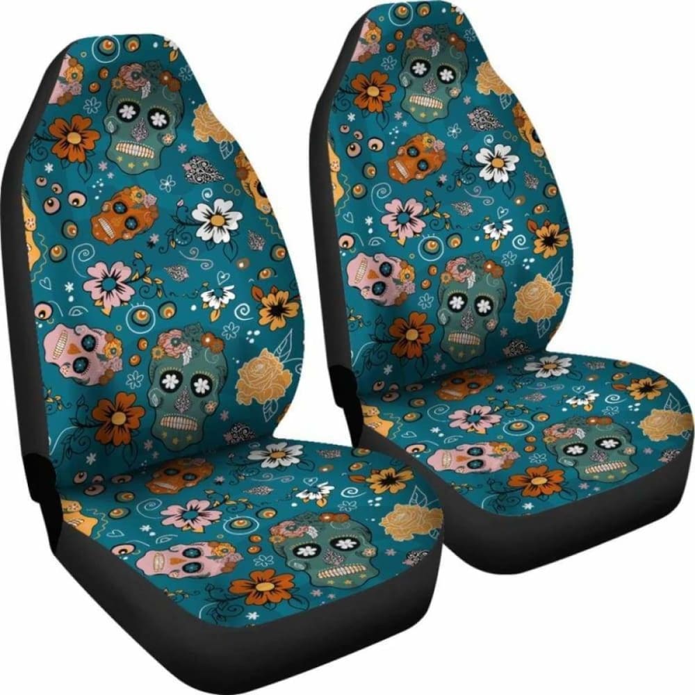 Set Of 2 Pcs Sugar Skull Day Of The Dead Car Seat Covers 101207
