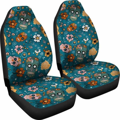 Set Of 2 Pcs Sugar Skull Day Of The Dead Car Seat Covers 101207