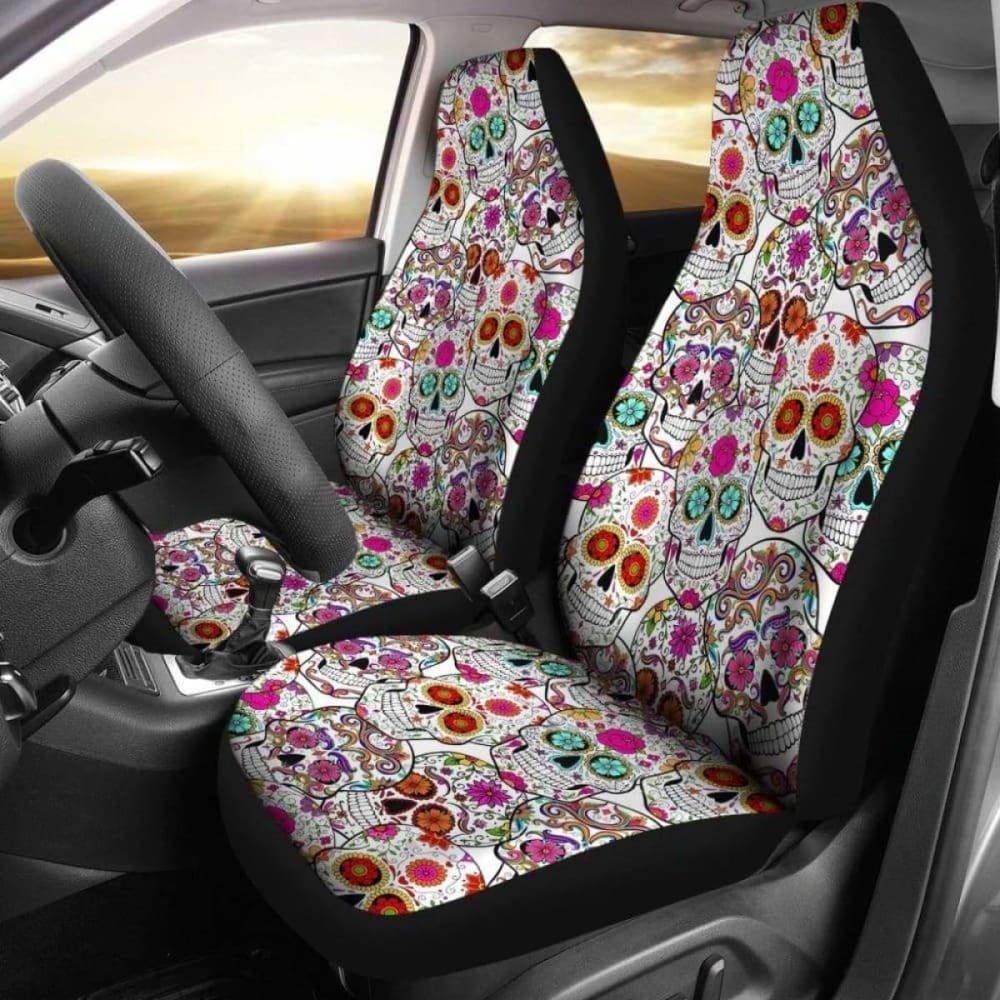 Set Of 2 Pcs - Sugar Skull Day Of The Dead Car Seat Covers 101207