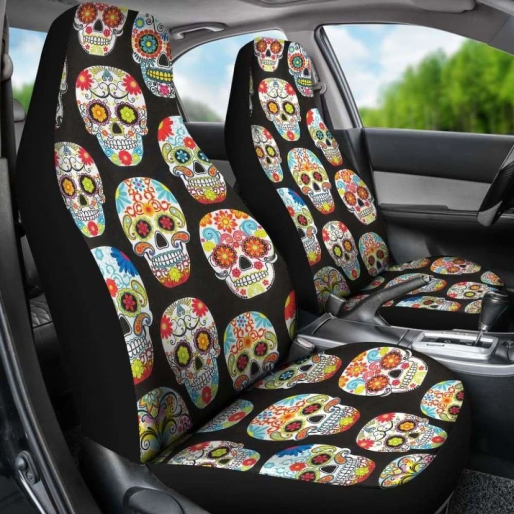 Set Of 2 Pcs Sugar Skull Day Of The Dead Car Seat Covers 101207