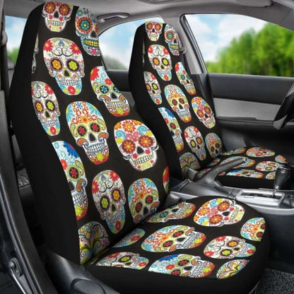 Set Of 2 Pcs Sugar Skull Day Of The Dead Car Seat Covers 101207