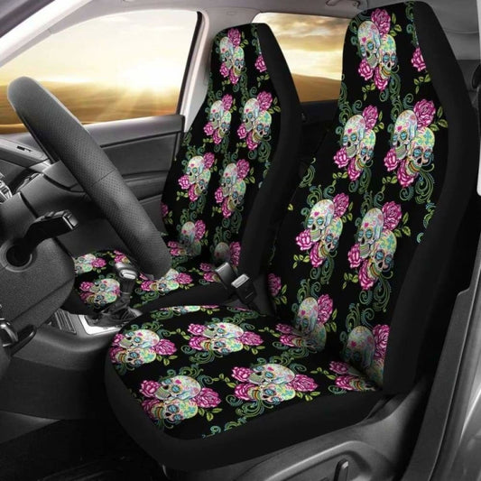Set Of 2 Pcs Sugar Skull Floral Car Seat Cover 101207