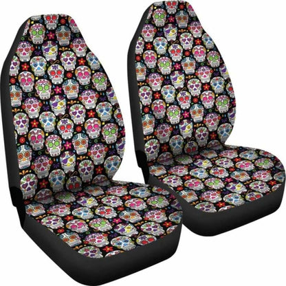 Set Of 2 Pcs - Sugar Skulls - Day Of The Dead Car Seat Covers 101207