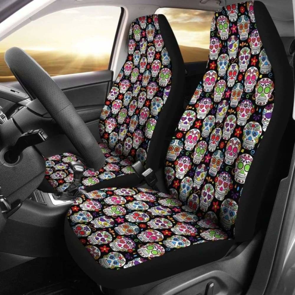 Set Of 2 Pcs - Sugar Skulls - Day Of The Dead Car Seat Covers 101207