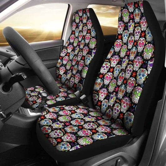 Set Of 2 Pcs - Sugar Skulls - Day Of The Dead Car Seat Covers 101207