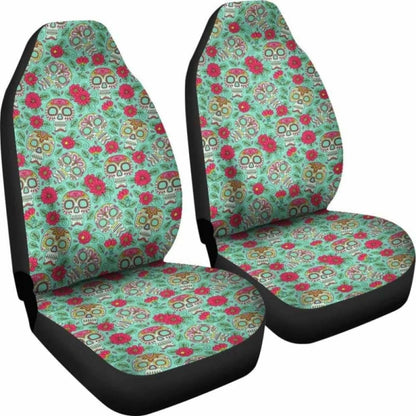 Set Of 2 Pcs - Sugar Skulls - Day Of The Dead Car Seat Covers 101207