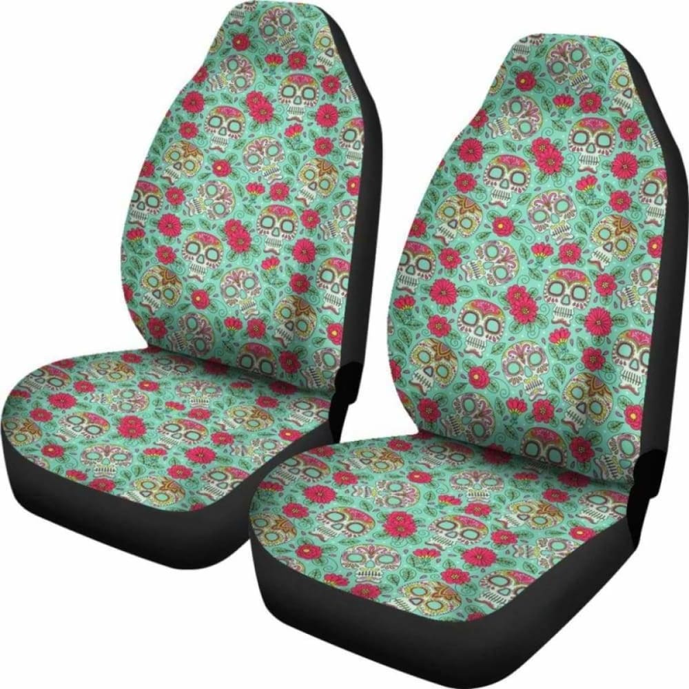 Set Of 2 Pcs - Sugar Skulls - Day Of The Dead Car Seat Covers 101207