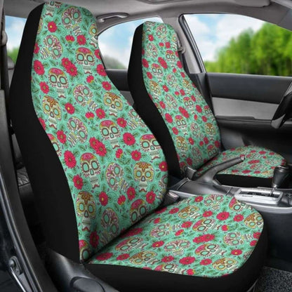 Set Of 2 Pcs - Sugar Skulls - Day Of The Dead Car Seat Covers 101207
