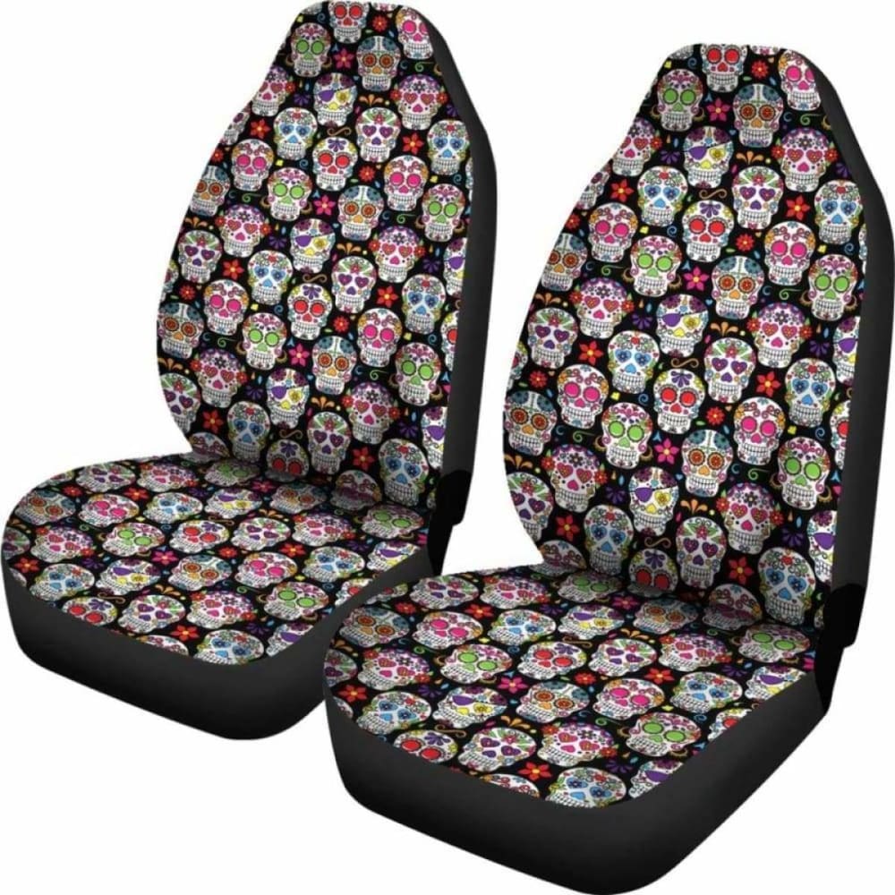 Set Of 2 Pcs - Sugar Skulls - Day Of The Dead Car Seat Covers 101207