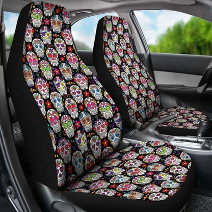 Set Of 2 Pcs - Sugar Skulls - Day Of The Dead Car Seat Covers 101207