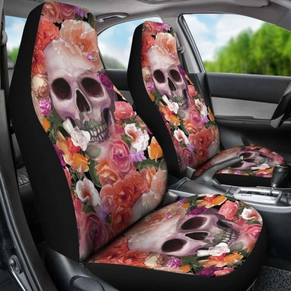 Set Of 2 Skull Skeleton Floral Skull Car Seat Covers 101207