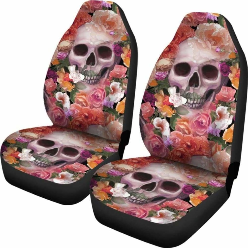 Set Of 2 Skull Skeleton Floral Skull Car Seat Covers 153908 - YourCarButBetter