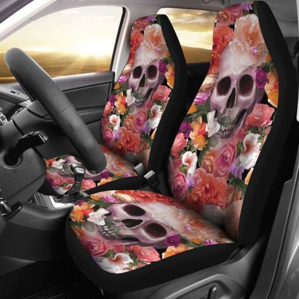 Set Of 2 Skull Skeleton Floral Skull Car Seat Covers 153908 - YourCarButBetter