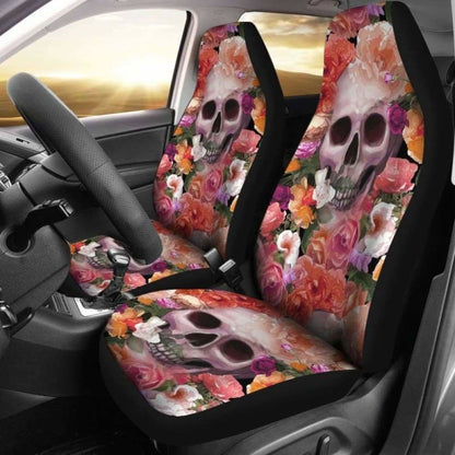 Set Of 2 Skull Skeleton Floral Skull Car Seat Covers 153908 - YourCarButBetter