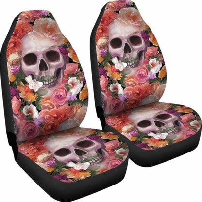 Set Of 2 Skull Skeleton Floral Skull Car Seat Covers 153908 - YourCarButBetter