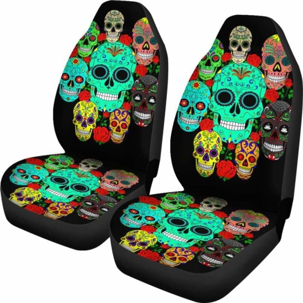 Set Of 2 Sugar Floral Skull Car Seat Covers 101207