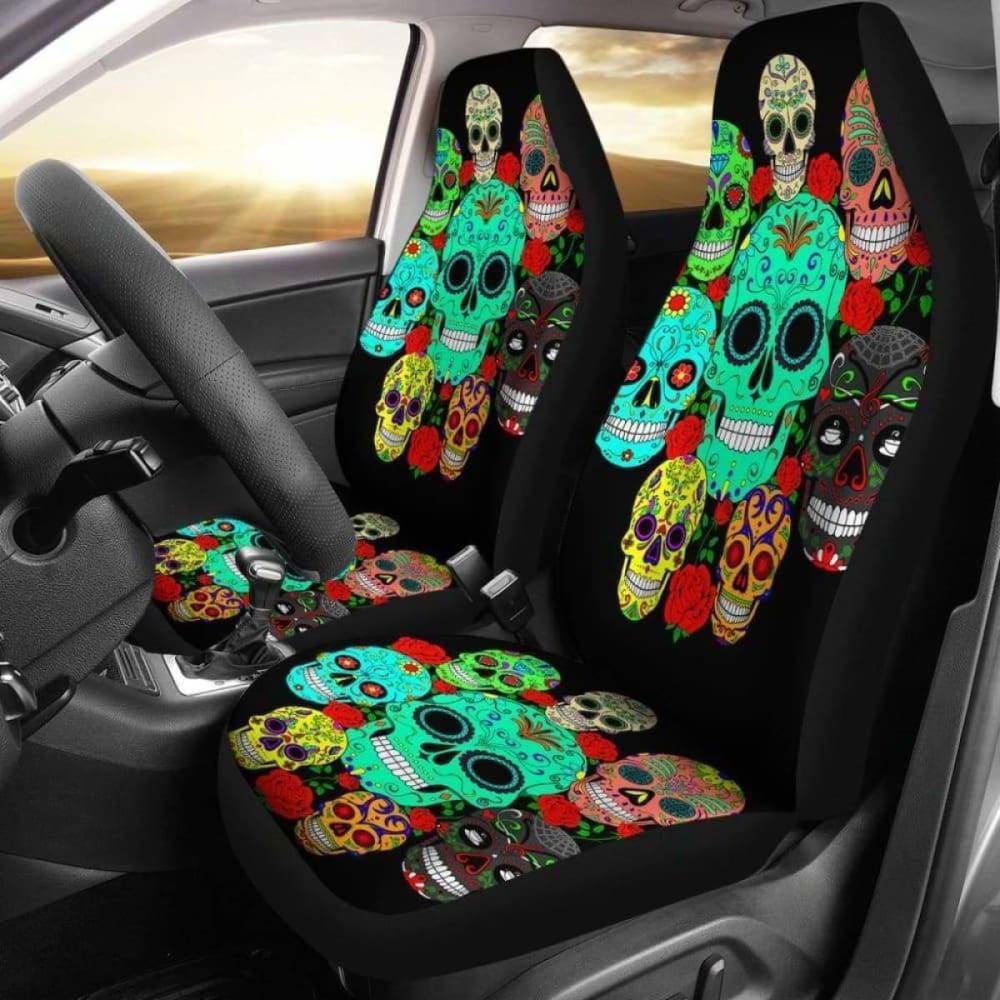 Set Of 2 Sugar Floral Skull Car Seat Covers 101207