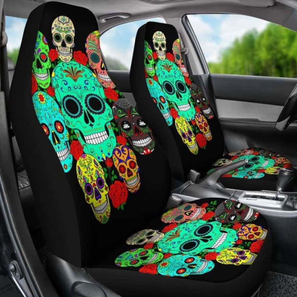 Set Of 2 Sugar Floral Skull Car Seat Covers 101207