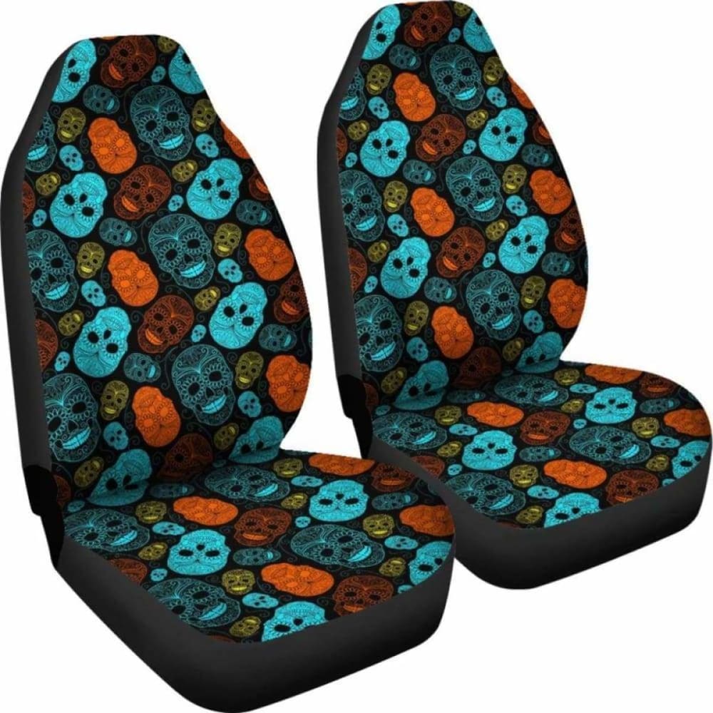 Set Of 2 - Sugar Skull Car Seat Cover Day Of The Dead 101207